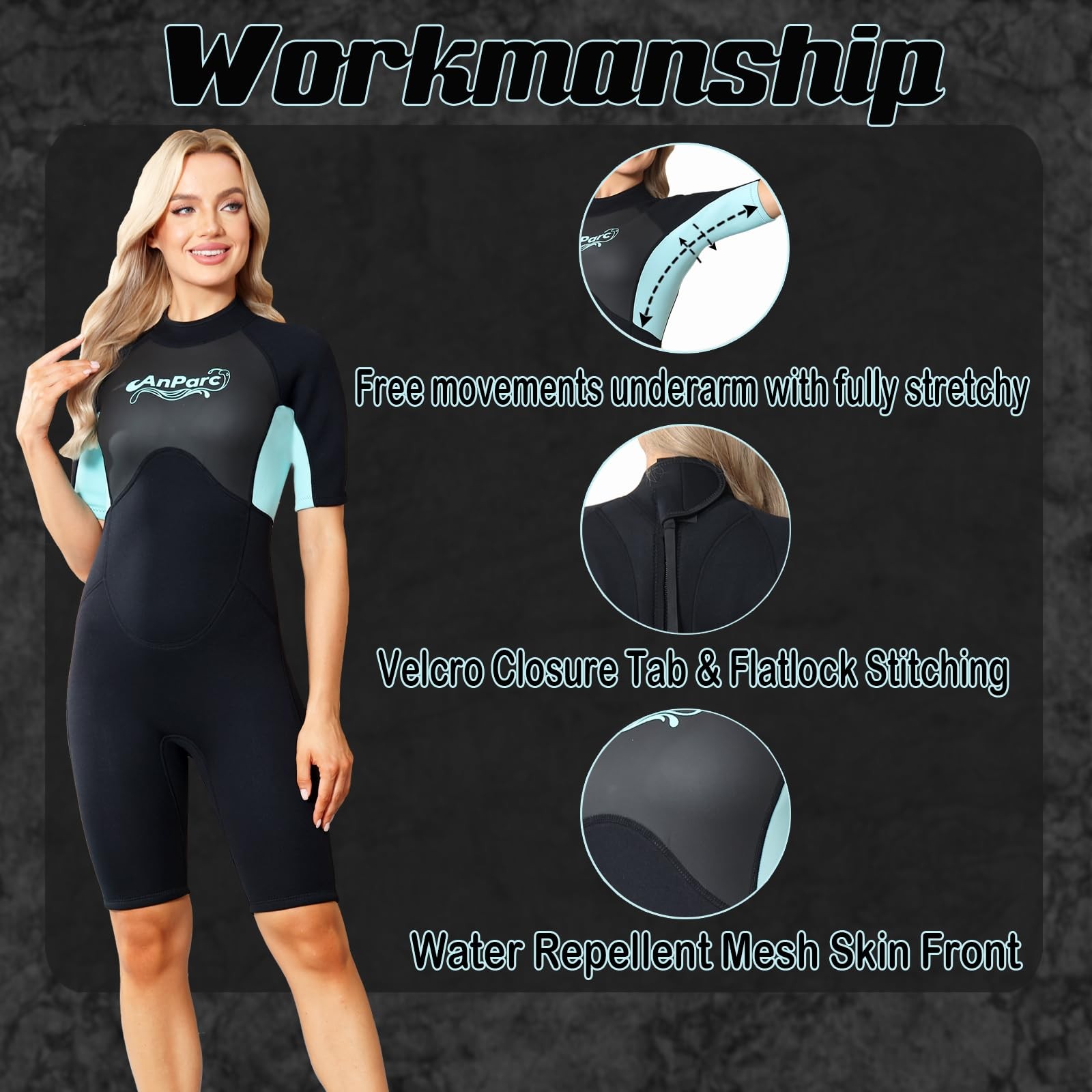 Anparc Womens 3Mm Shorty Wetsuit Back Zip Upf 50 Water Repellent For Diving
