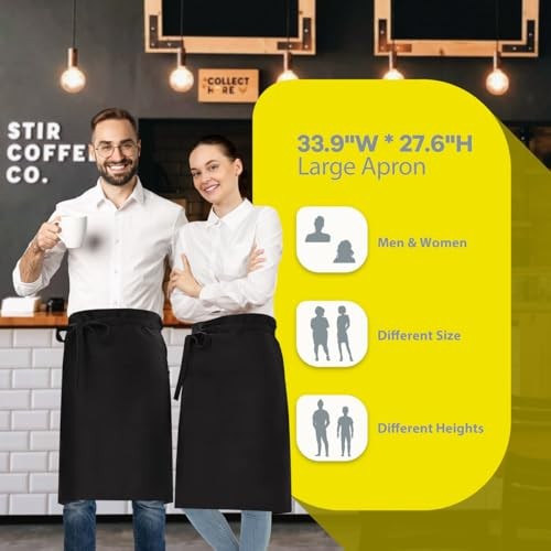 Long Server Apron with 3 Pockets Bistro Half Aprons 1 PACK(34×28 Inches) Black