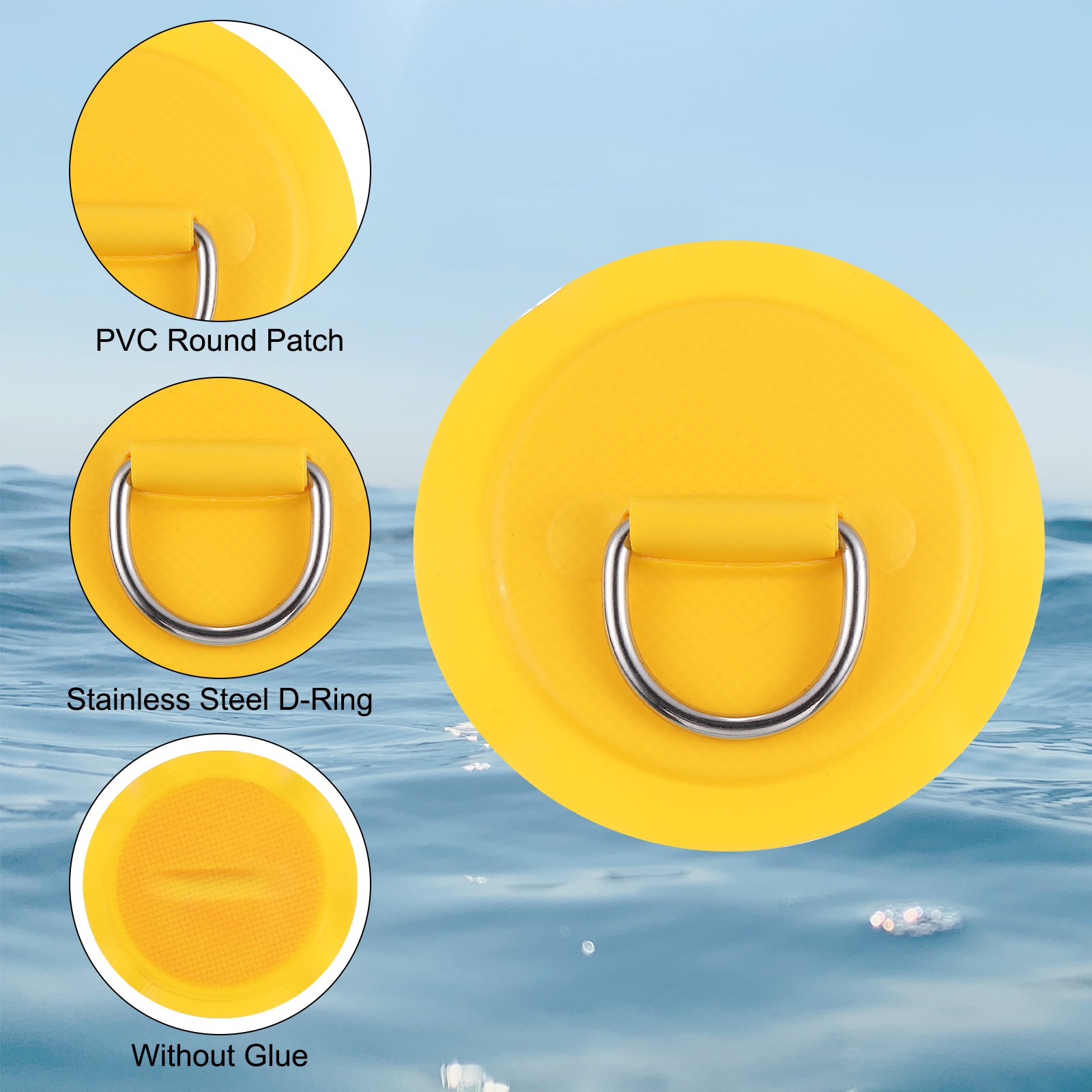 6Pcs D-Ring Patch Stainless Steel D-Ring Patch No Glue Include Yellow