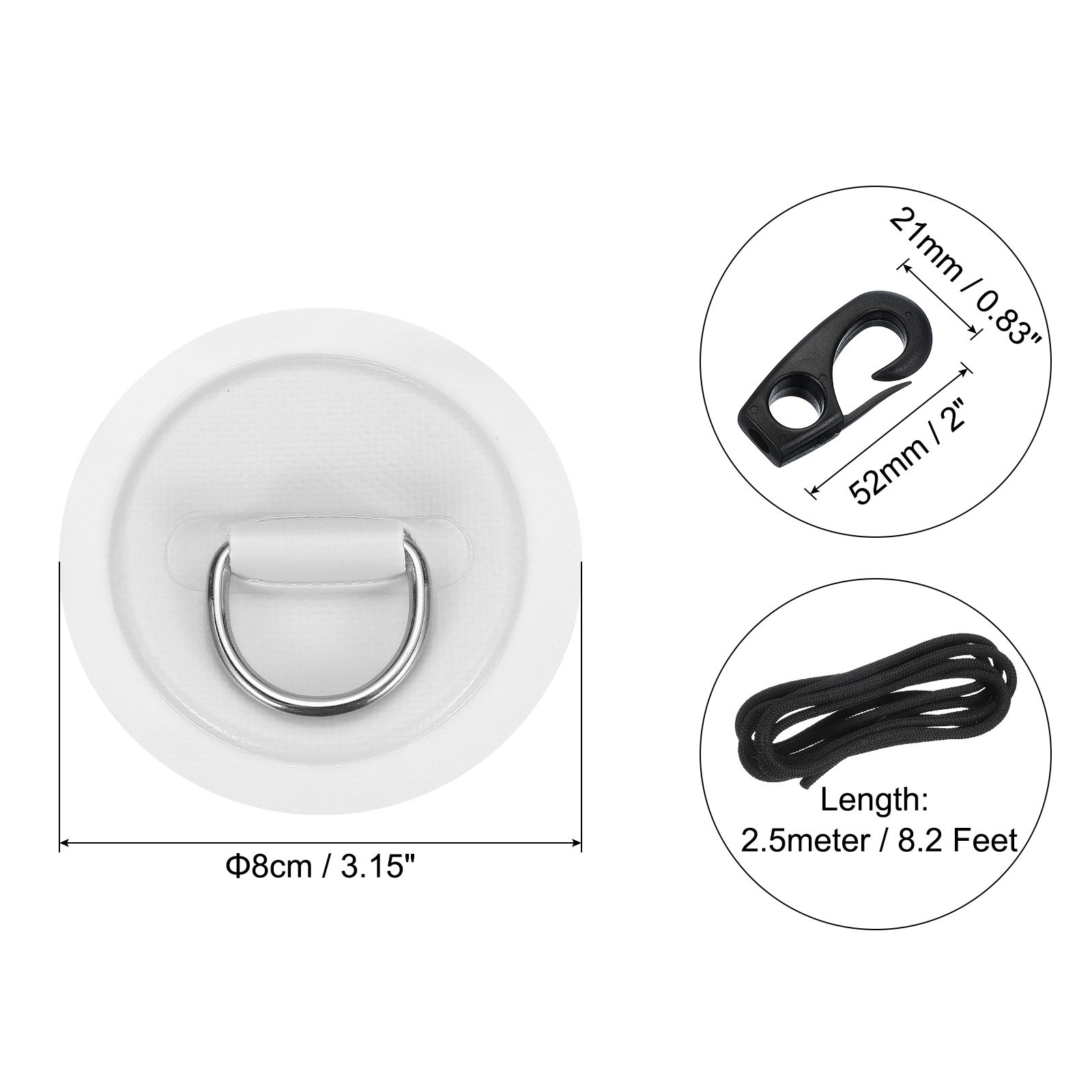 6Pcs Stainless Steel D-Ring Patch Round Patch with Elastic Cords & Hooks White