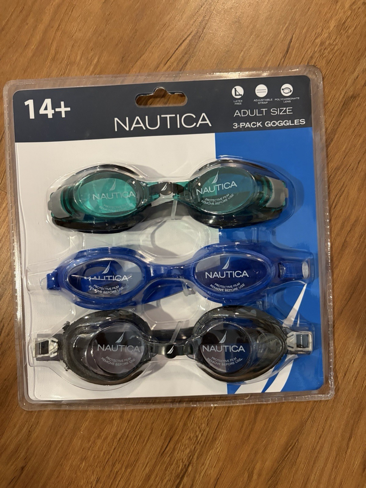 Nautica Adult Size Swimming Goggles 3 Pack Latex Polycarbonate Lens