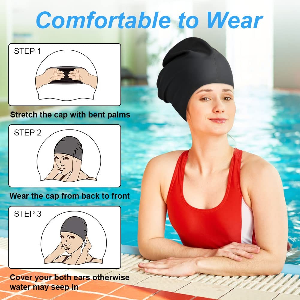 AMFUN Swimming Cap for Long Hair, Extra Large Caps 1 pack, black