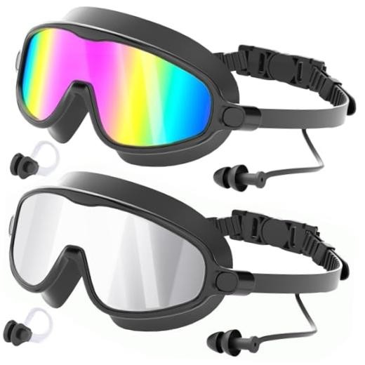 Swim Goggles 2 Pack, Wide View No 3-black/Silver Mirrored & Rainbow Lens