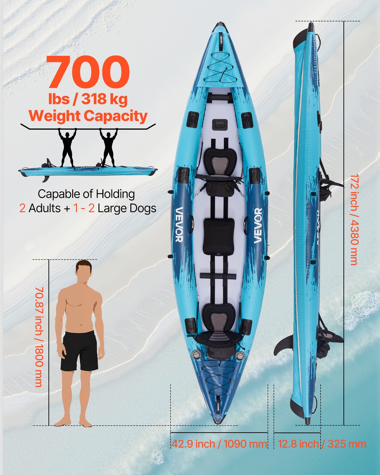 VEVOR Inflatable Kayak 2-Person Inflatable Recreational Kayak 700LBS Capacity