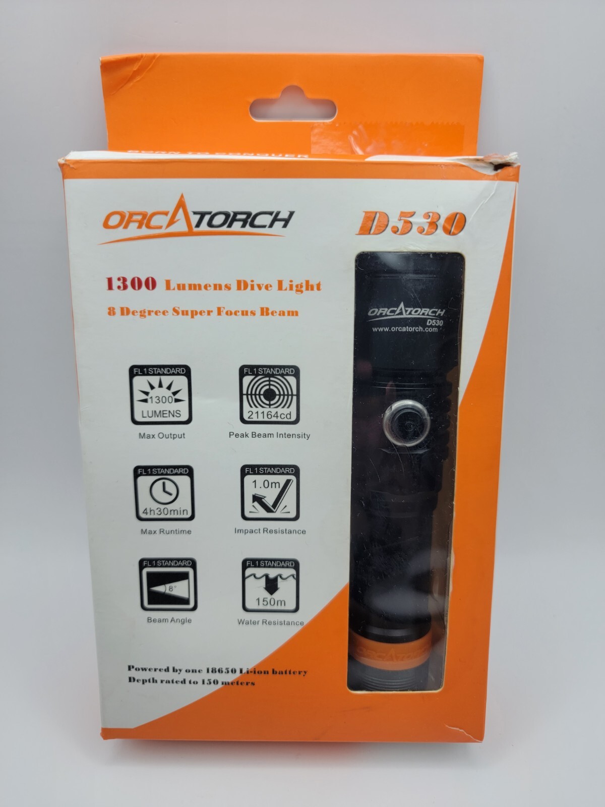 ORCATORCH D530V 1300 Lumens Scuba Diving Light 150 Meters 8 Degree Beam Angle