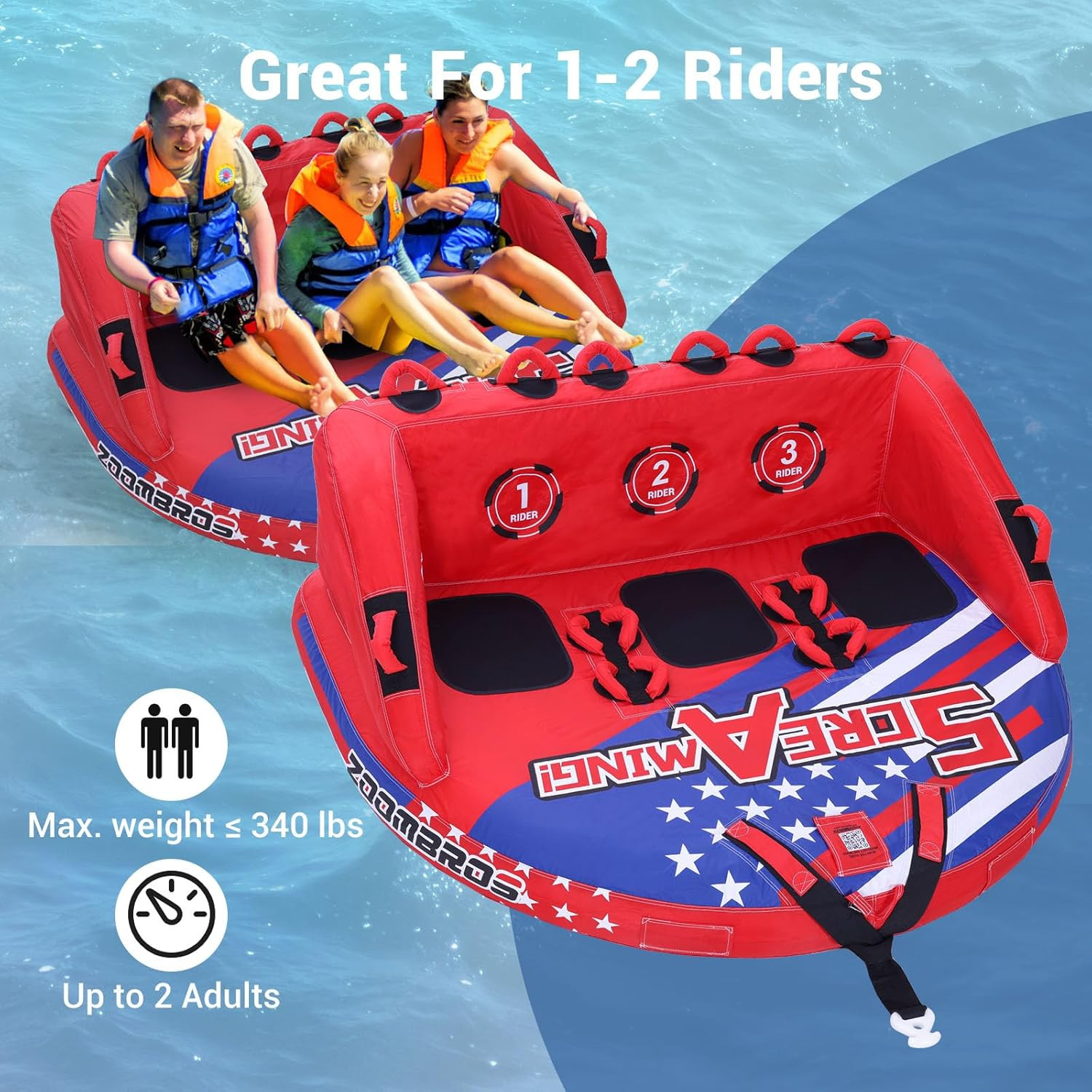 Towable Tubes for Boating 2-3 Person, Front/Back Tow Points Sofa Style Boat Tube