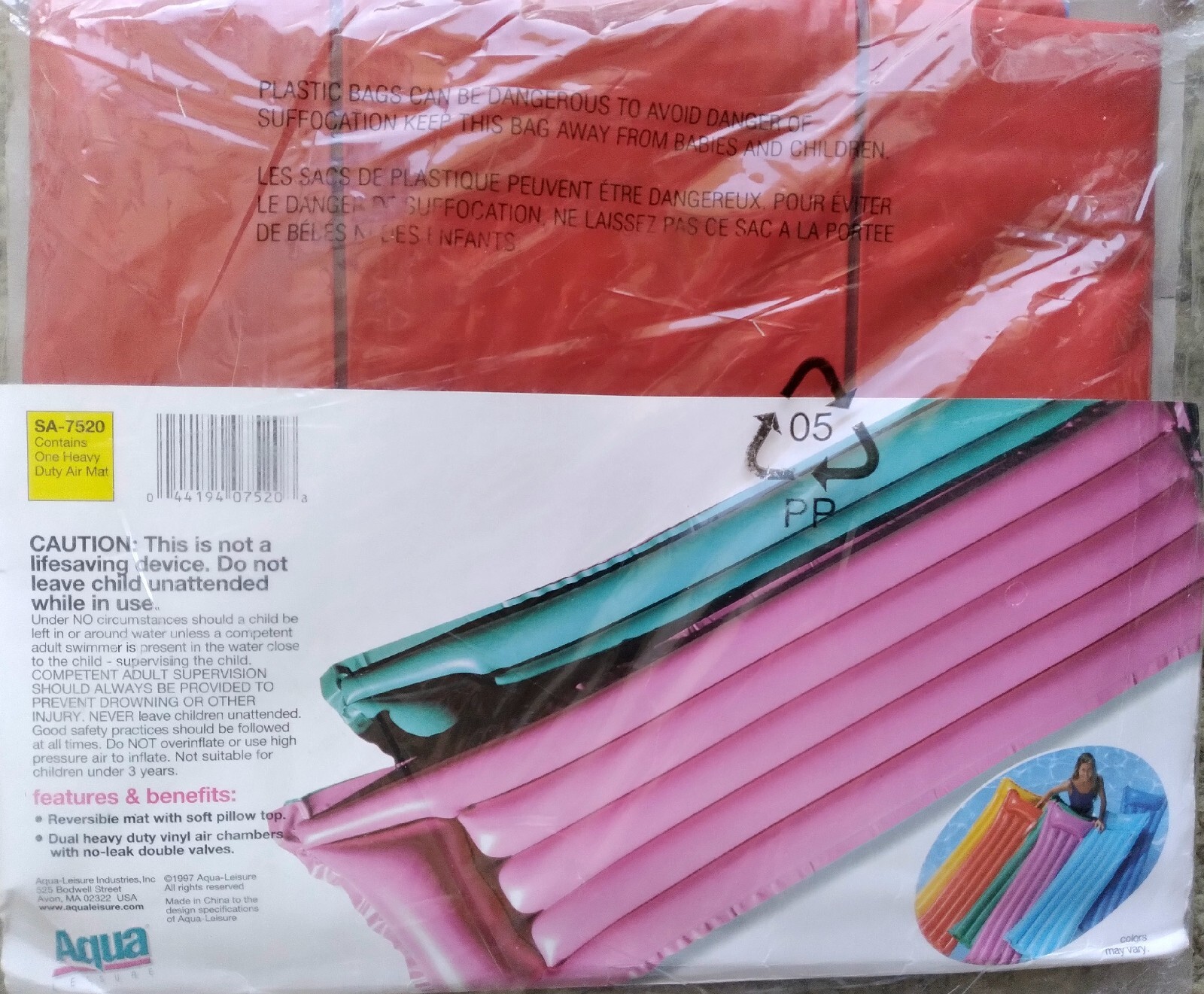 Vintage Vinyl Pool Float 72 In x 30 In Red Raft 1997 Aqua Leisure NEW!
