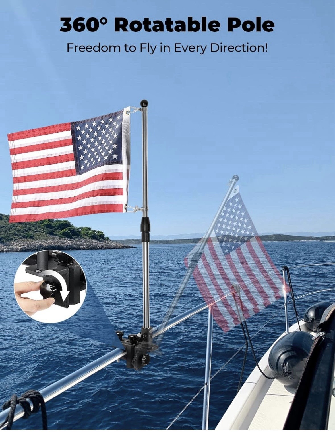 KEMIMOTO Stainless Steel Boat Flag Holder Pole Kit 360° Adjustable
