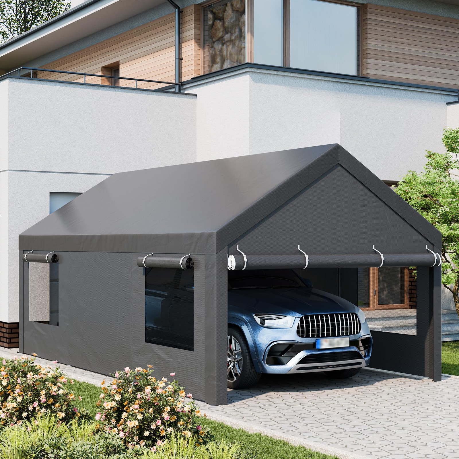 12x20ft Carport with Roll-up Windows, Removable Sidewalls, Doors All-Season Tarp