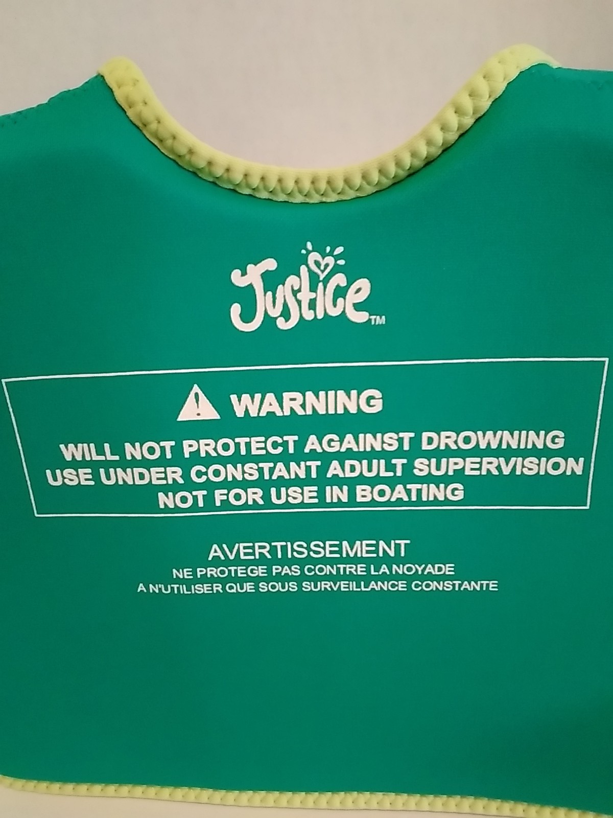 Justice Swimming Vest Green Ages 2-4 15-30 KG Zip Front