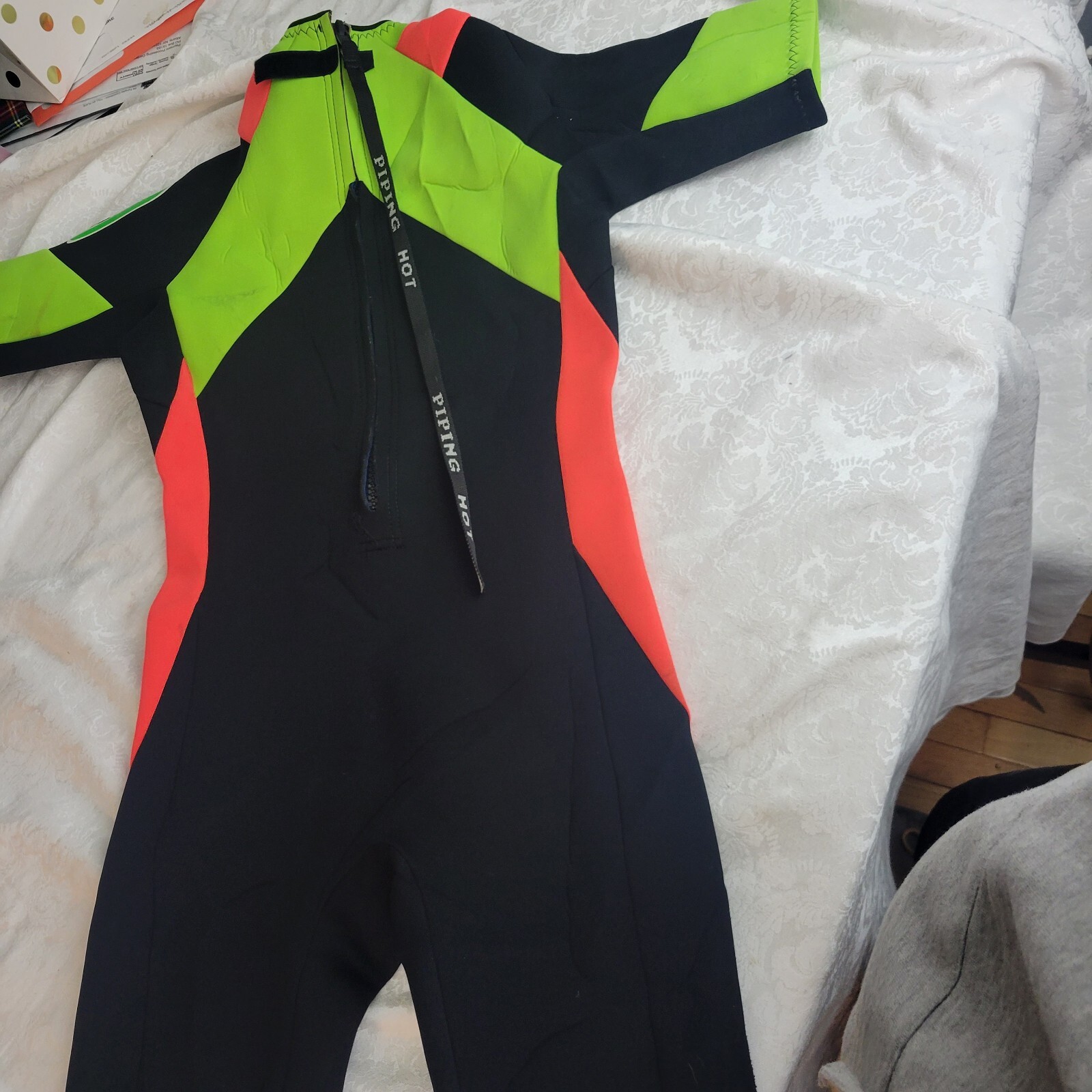 Vintage 90s Piping Hot Neon 1-PIECE WETSUIT Surf Beach S/M **See Measurements**