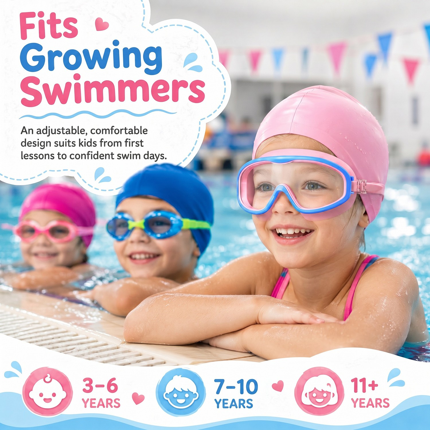 2PCS Kids Swimming Goggles And Swim Cap Set for 3-15 UV Protection Anti-Fog Pool