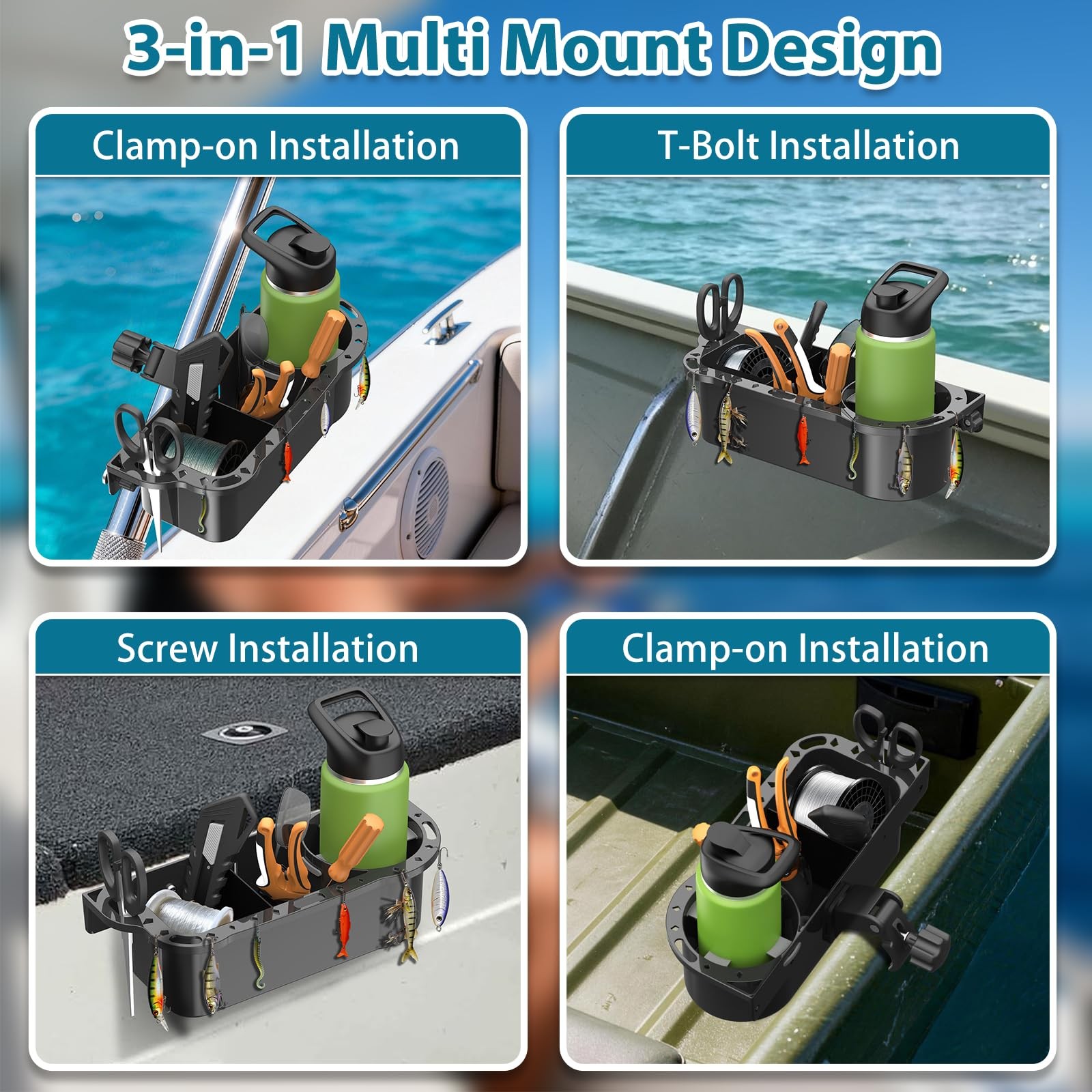 Boat Caddy Organizer, 3-in-1 Mount (Screw/Fishing Boat Track/Clamp-On), Remov…