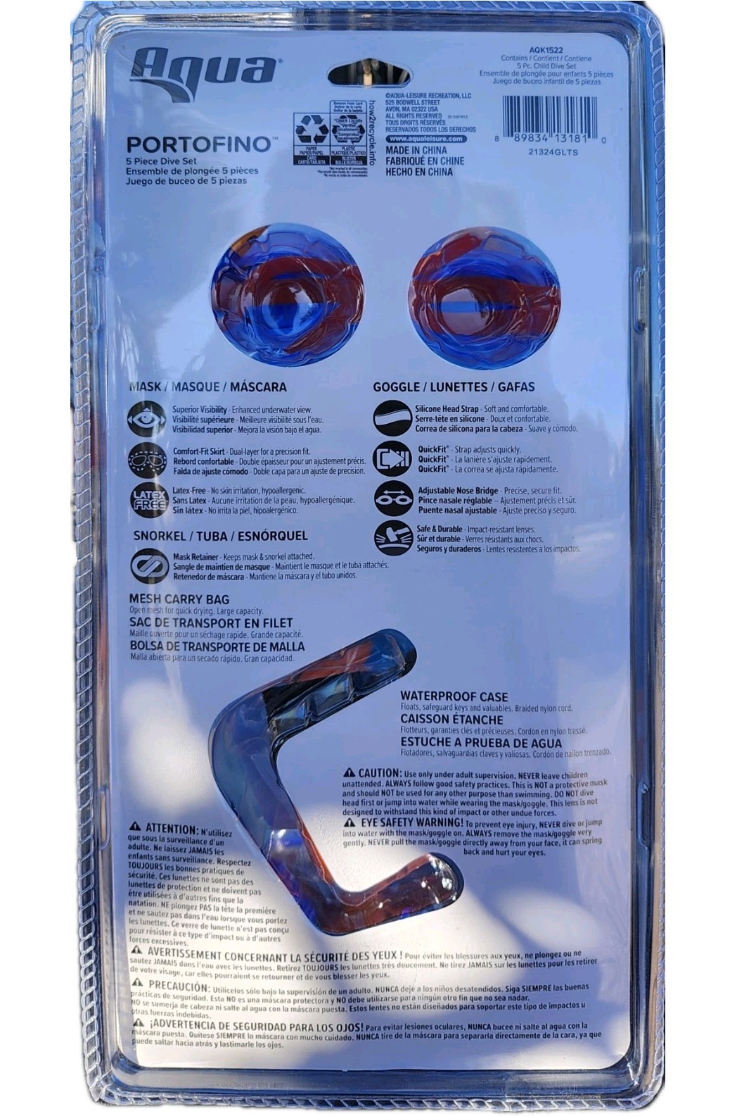 🤿 Aqua Portofino Kids 5-Piece Pool Dive Set Mask Snorkel Goggles Case Blue 3+