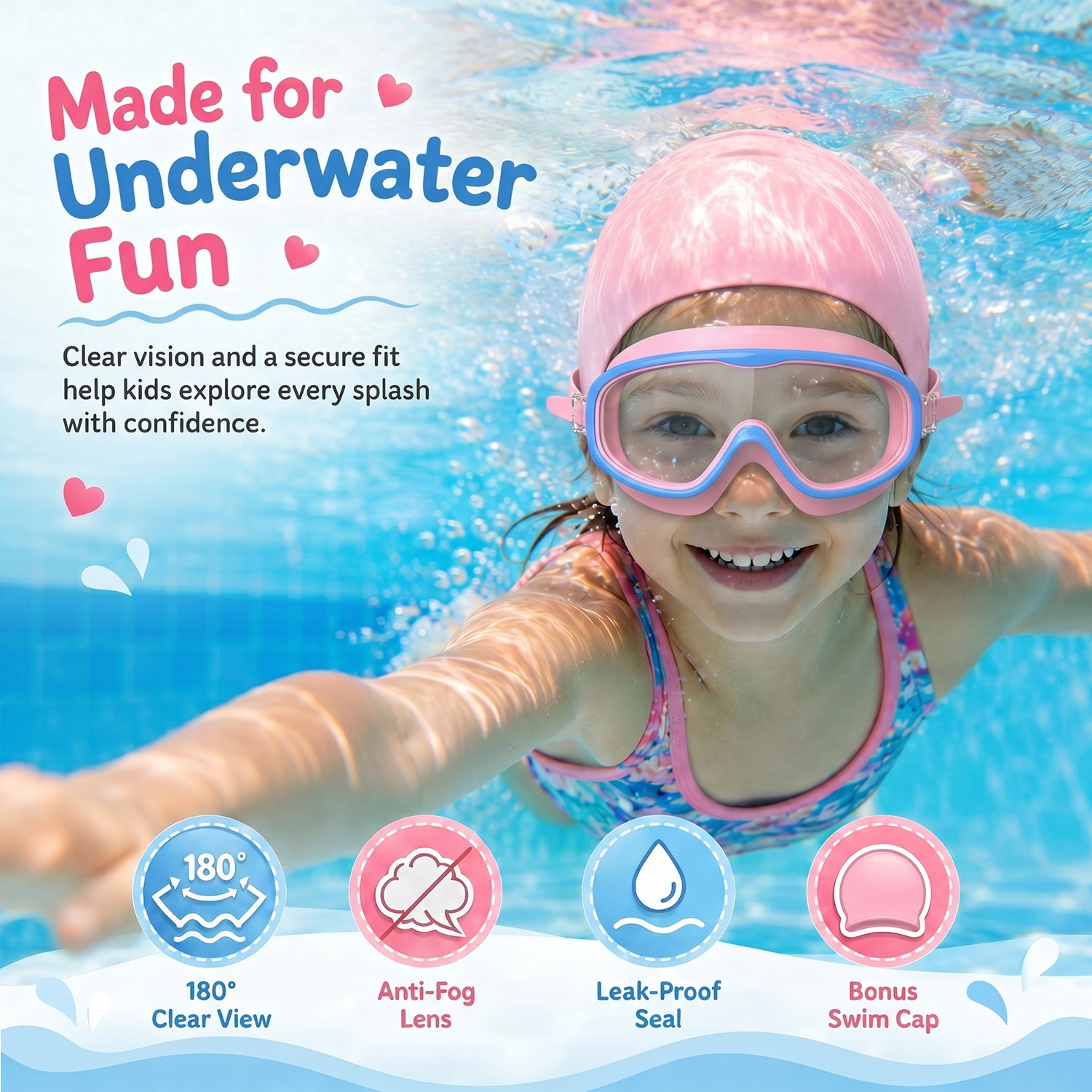 2PCS Kids Swimming Goggles And Swim Cap Set for 3-15 UV Protection Anti-Fog Pool