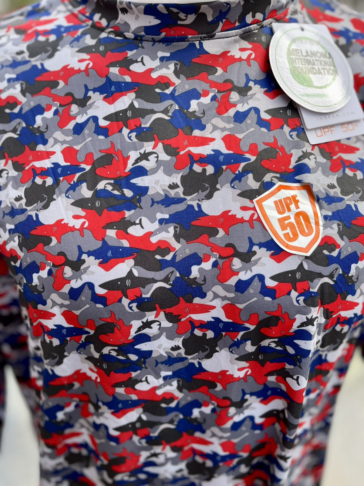 InGear Men’s UPF 50+ Rash Guard – Red, White & Blue Shark Camo Long Sleeve S-3XL