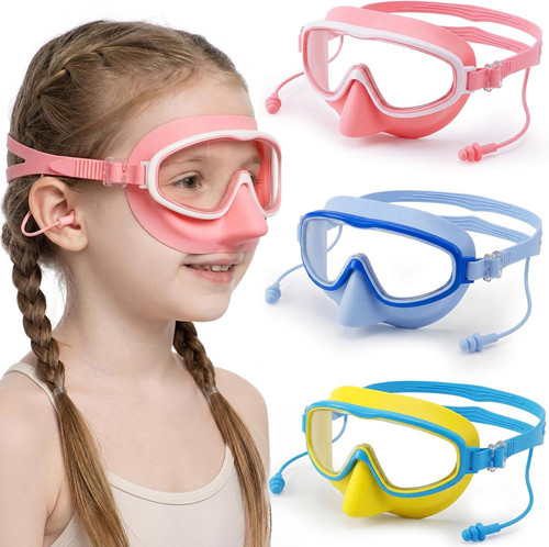 Tellegloww 3 Pack Kid Swim Goggles with Nose Cover Wide Yellow, Pink, Blue