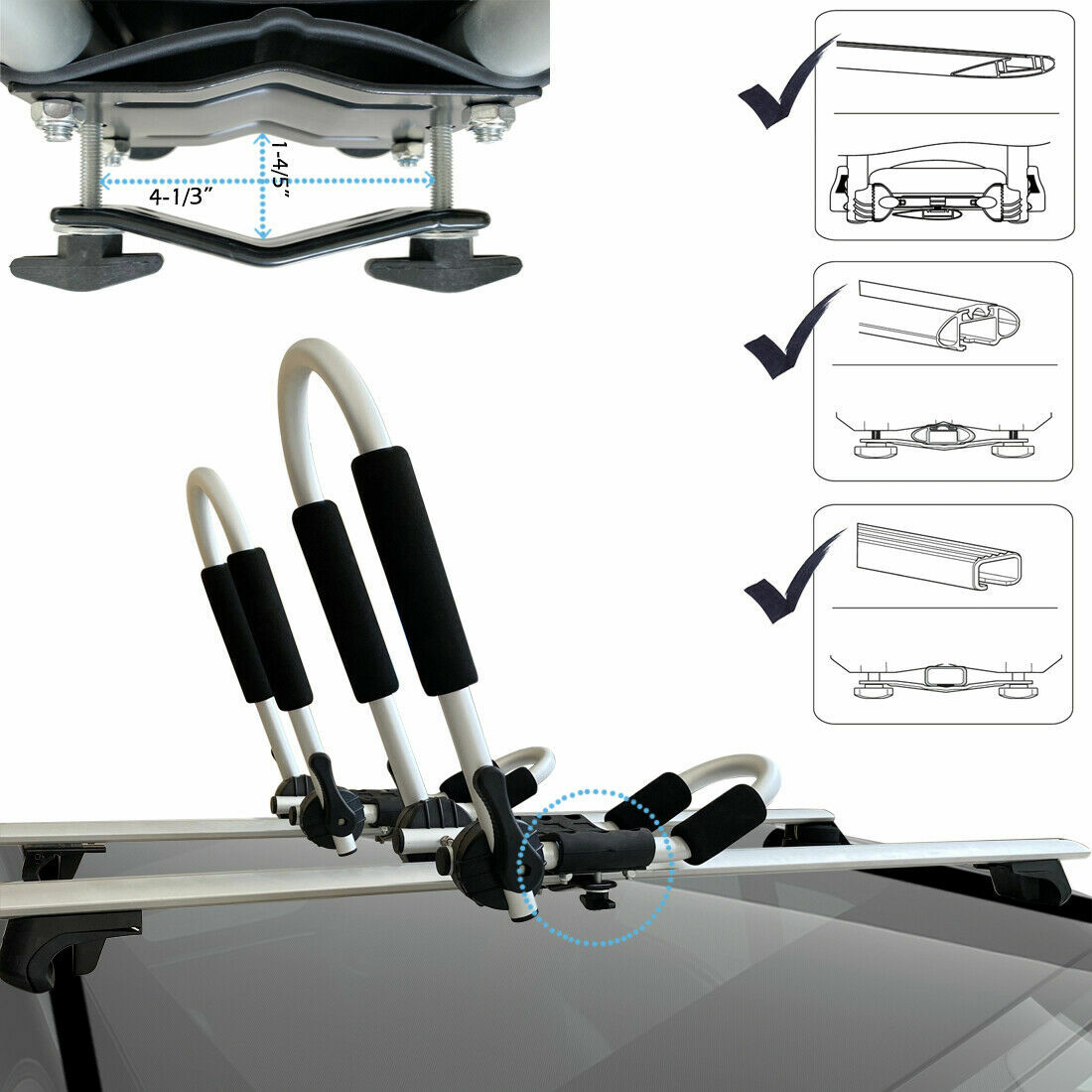 Kayak/Canoe/SUP Roof Rack, Aluminum Kayak Carrier J-Style Folding Roof Holder