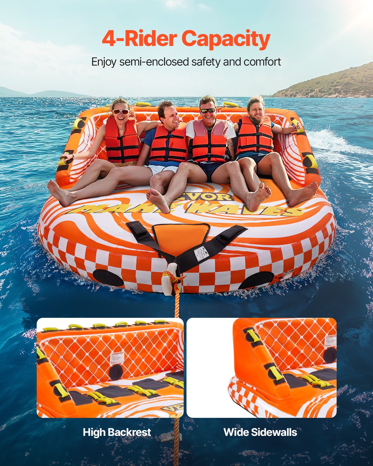 VEVOR Towable Tube for Boating 1-4 Riders Inflatable Boating Tubes Towable Water