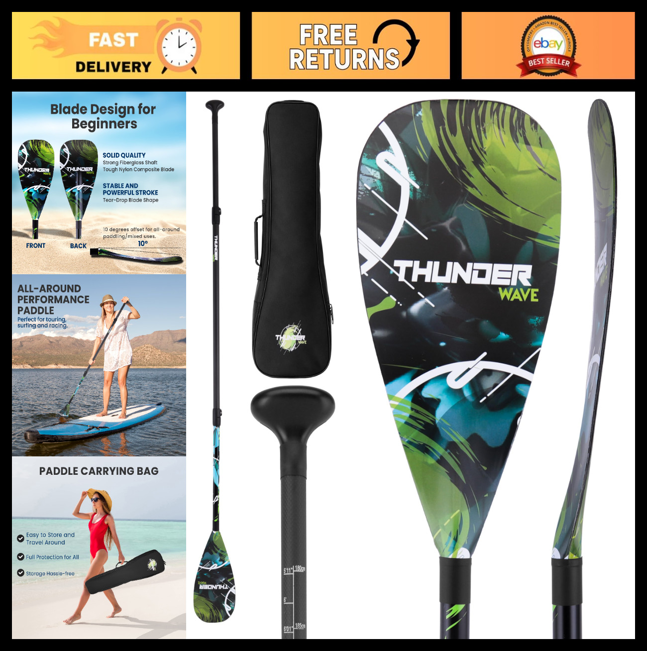 Adjustable Carbon Fiber SUP Paddle – Lightweight 3-Piece Design, Teardrop Blade,