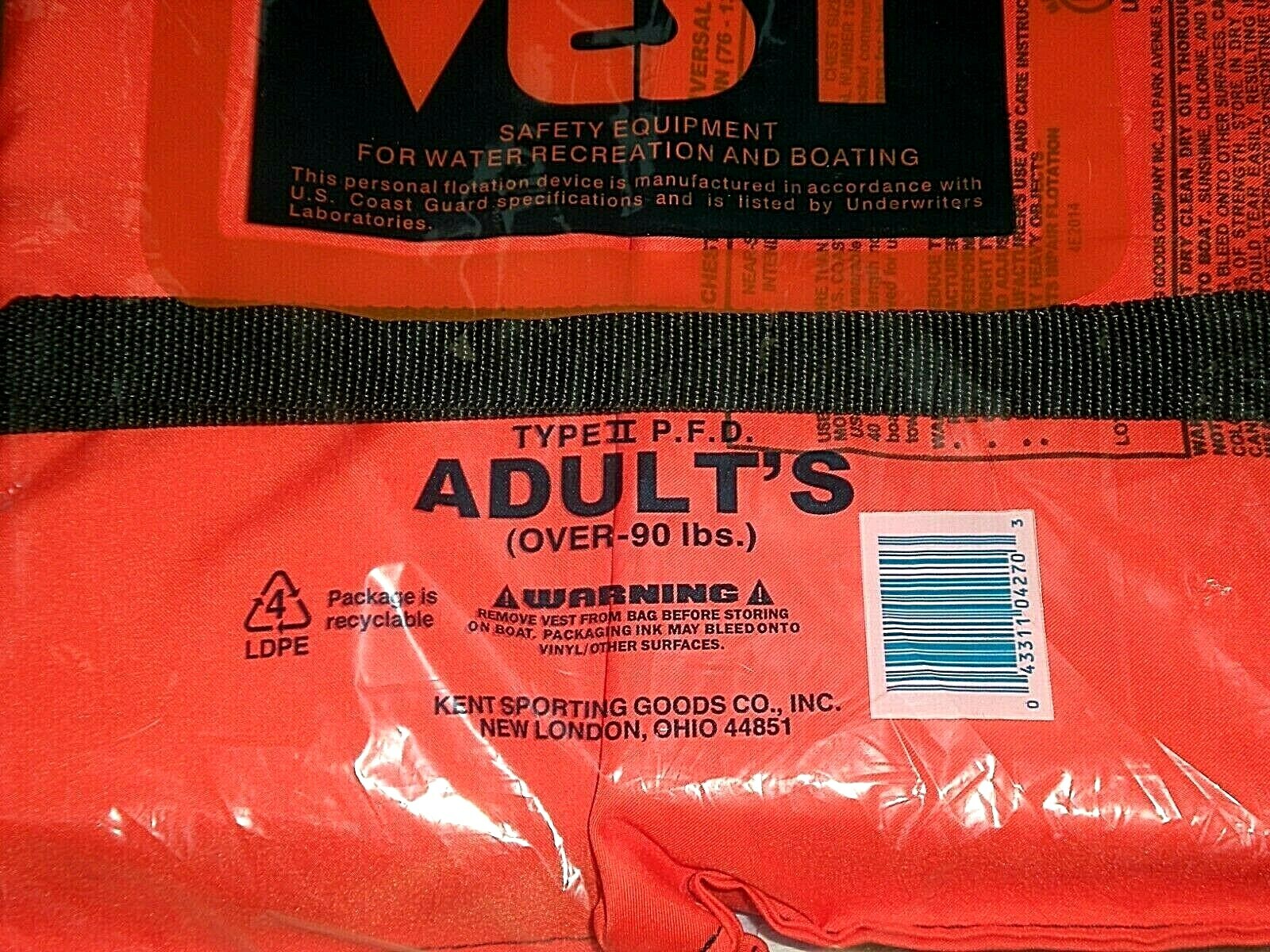 New Kent Buoyant LIFE VEST Adult Type II P.F.D. Over 90 lbs