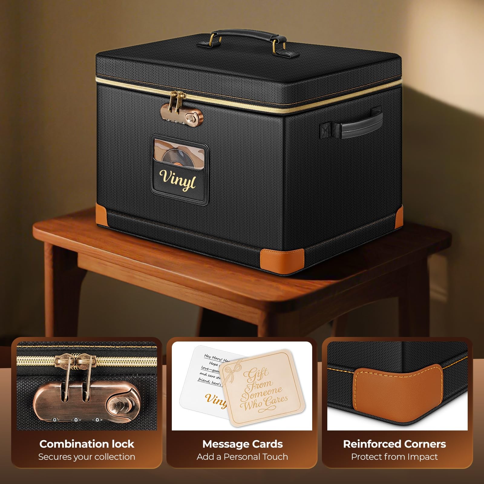 DEEGO Vinyl Record Storage Box with Lock, 17 x 13 x 13 inches, BLACK