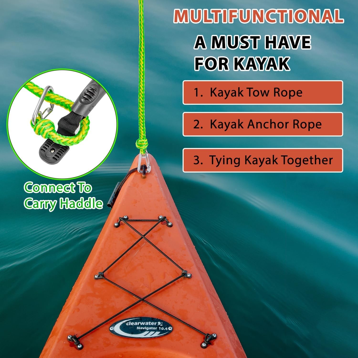 20FT Floating Kayak Tow Rope Quick Connect Clips Jet Ski Water Sport Accessory