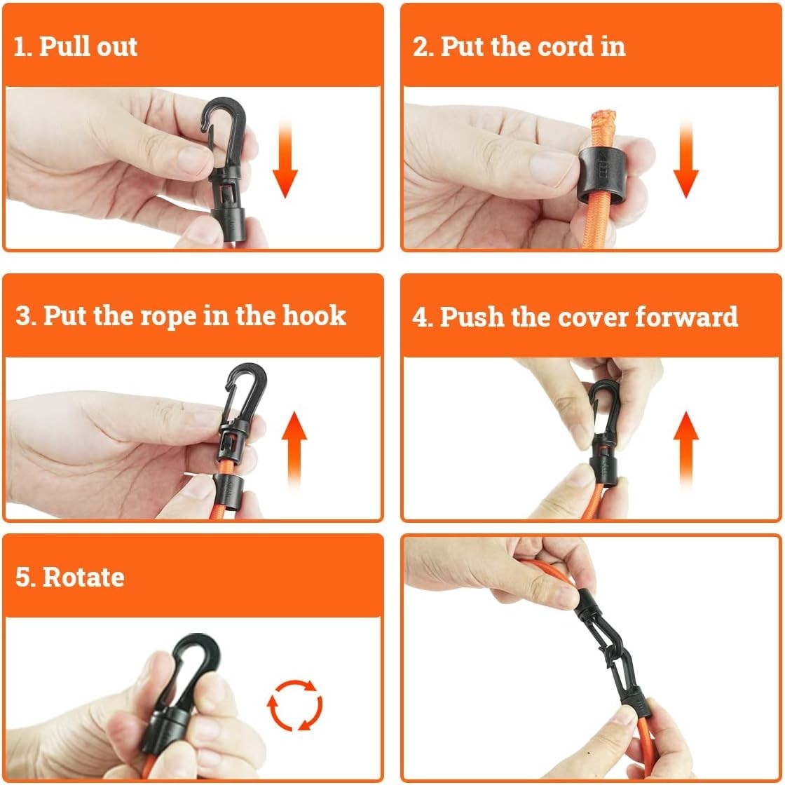 Kayak Deck Rigging Kit 1/4in Bungee Cord 9.8ft 6 D Rings 4 J Hooks Orange