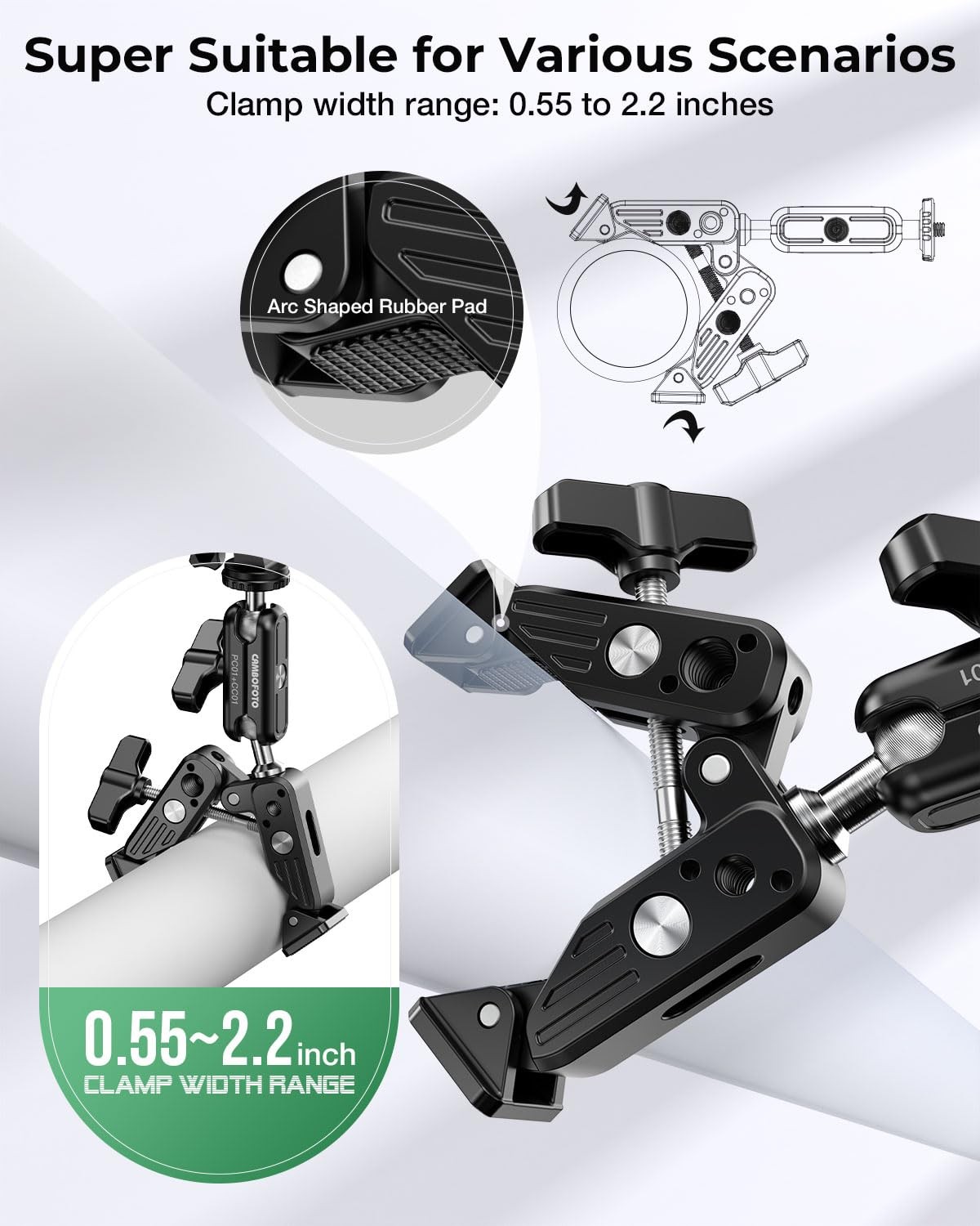 Super Clamp Camera Mount, 360° Dual Ballhead Magic Arm, 1/4″-20 & Black