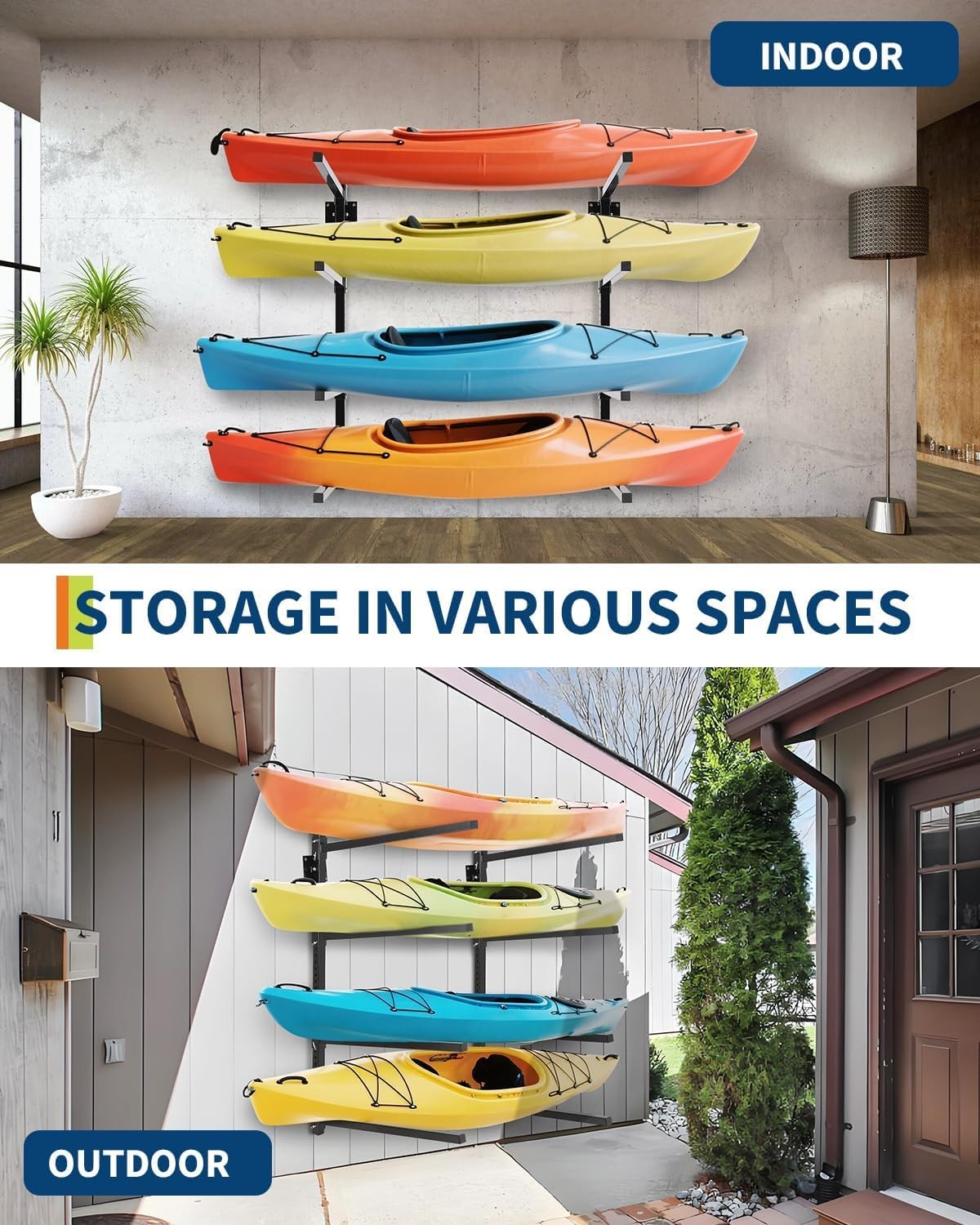 Garvee Wall Mounted Kayak Rack for 4,Adjustable Kayak Wall Mount Rack 400 LBS
