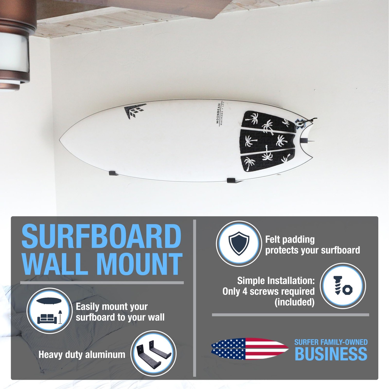 Surfboard Wall Mount Rack Strong Felt Padded Holder Easy Install Hardware