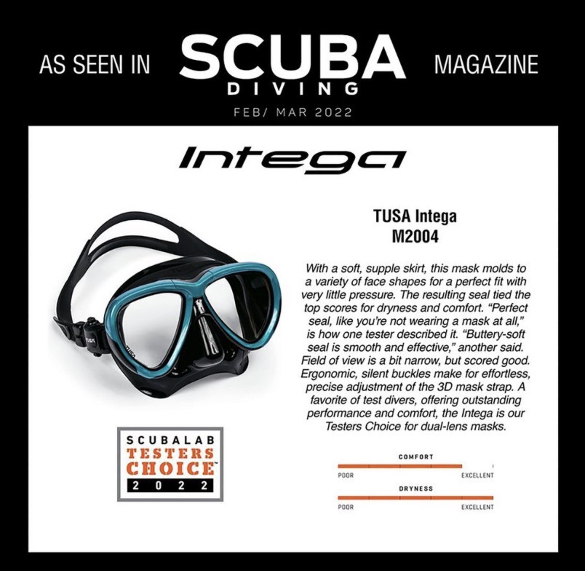 Tusa M-2004 Intega Dive Mask QB-FB Black-Fishtail Blue BRAND NEW Scuba Dive Mask