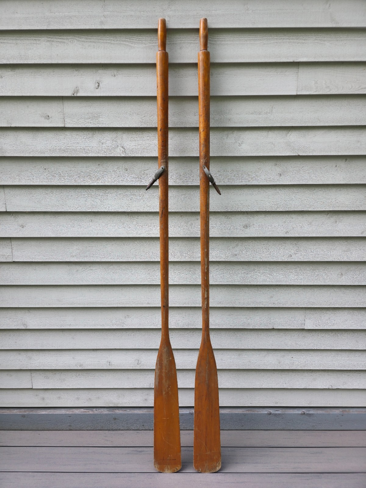 NICE VINTAGE Old Wooden BROWN Paddles Oars with OARLOCKS Measures 78″