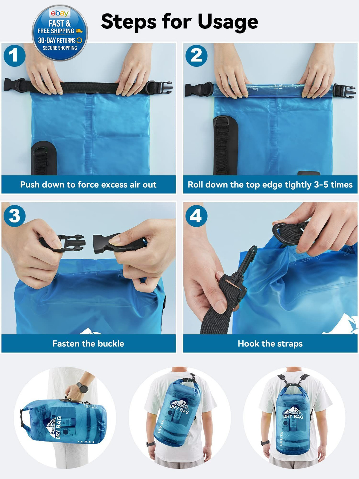Dry Bag Waterproof for Women Men, Roll Top Lightweight 5L, Blue