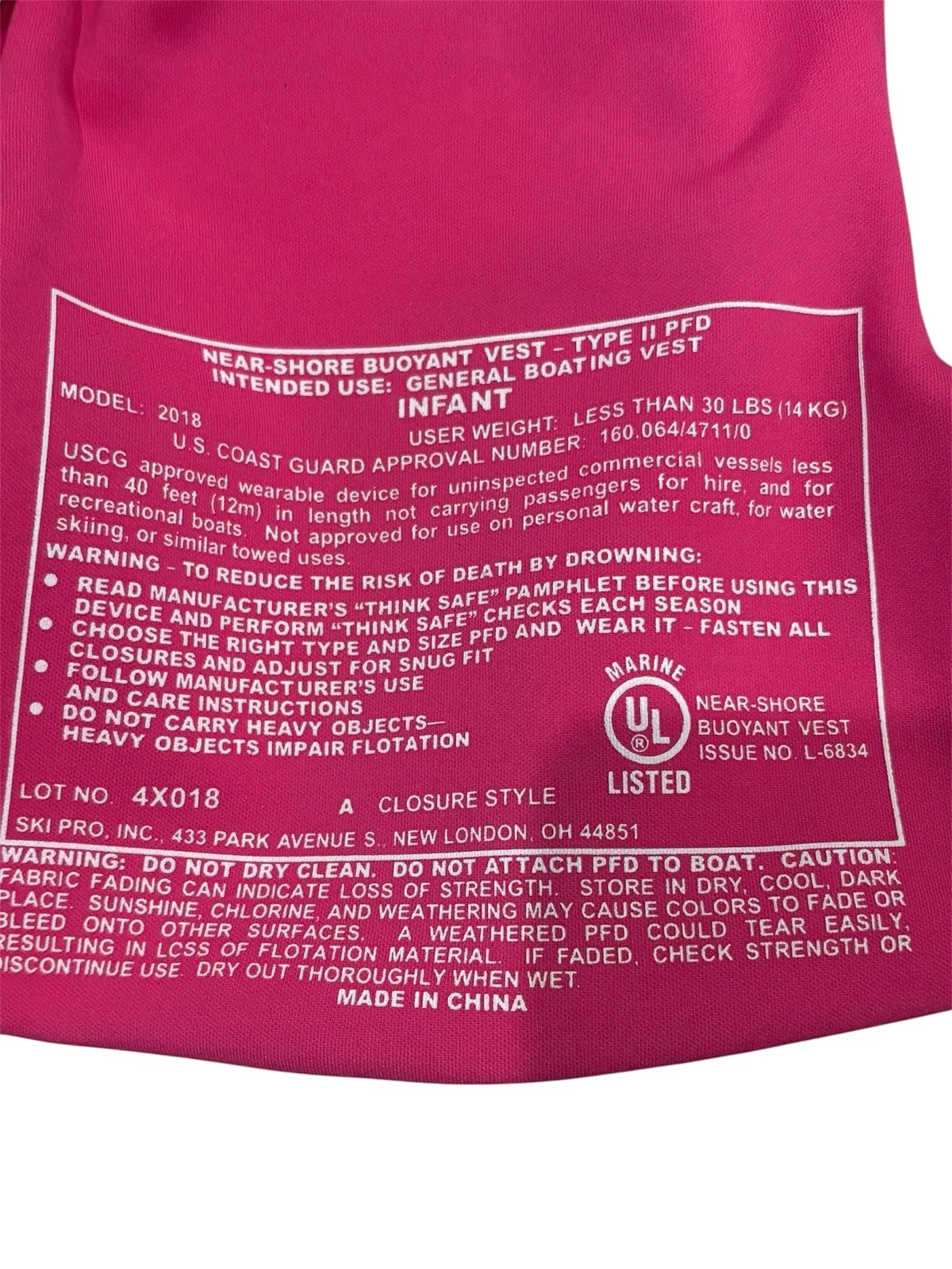 NWOT Kidder USCG Approved Infant LifeVest Type 2 Boating Vest Pink 0-30lbs