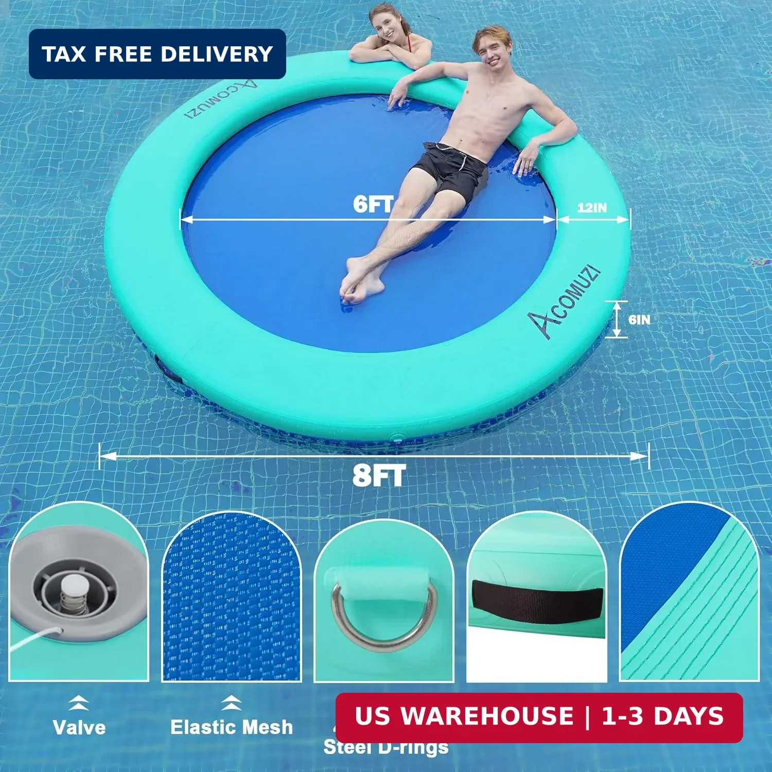 4/6/8/10/12FT Water Hammock Inflatable Floating Dock, Round Floating Ring Lake F