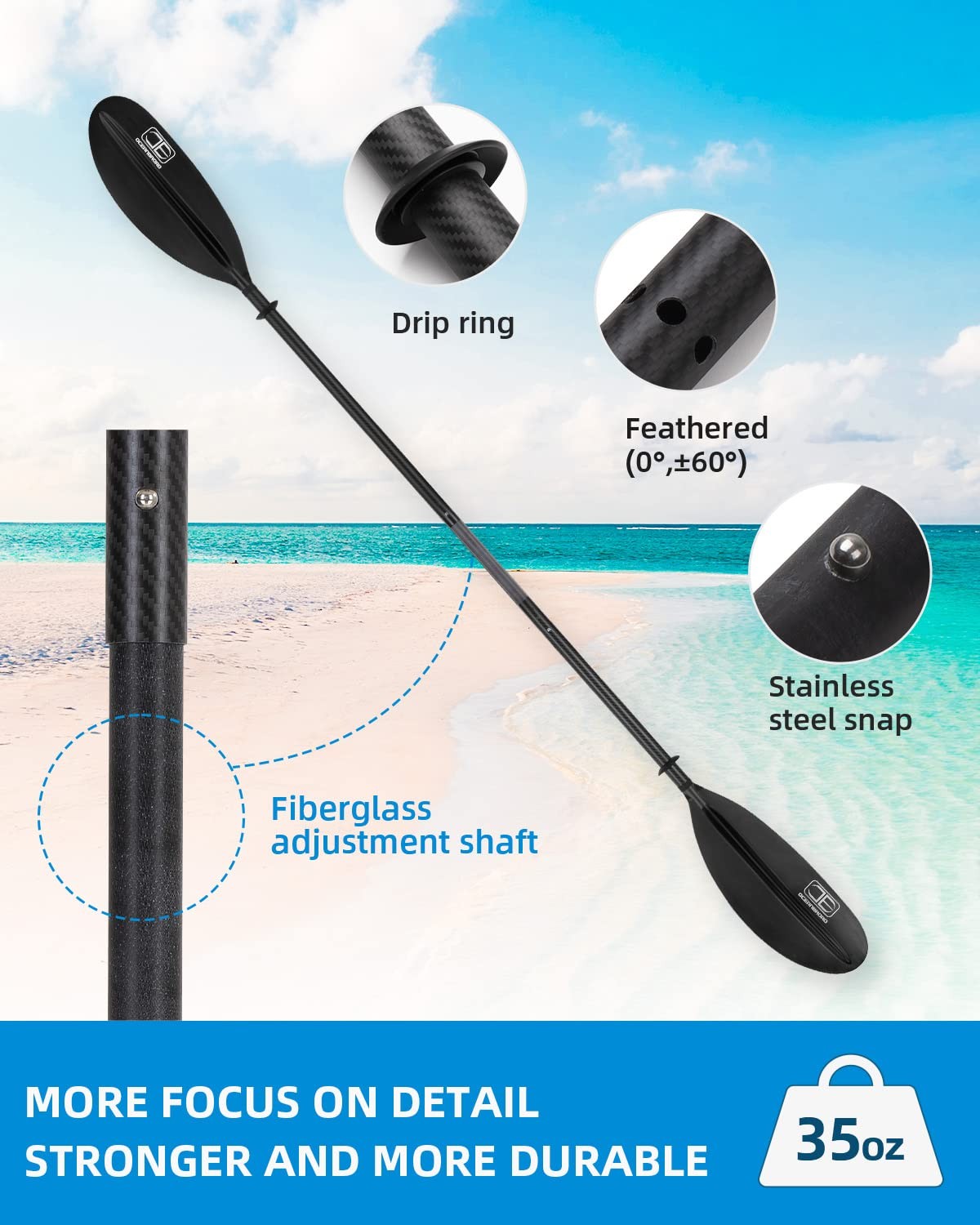 Carbon Shaft Kayak Paddle Adjustable 86in/220cm To 94in/240cm Kayaking Oar For A