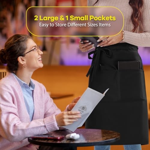 Long Server Apron with 3 Pockets Bistro Half Aprons 1 PACK(34×28 Inches) Black