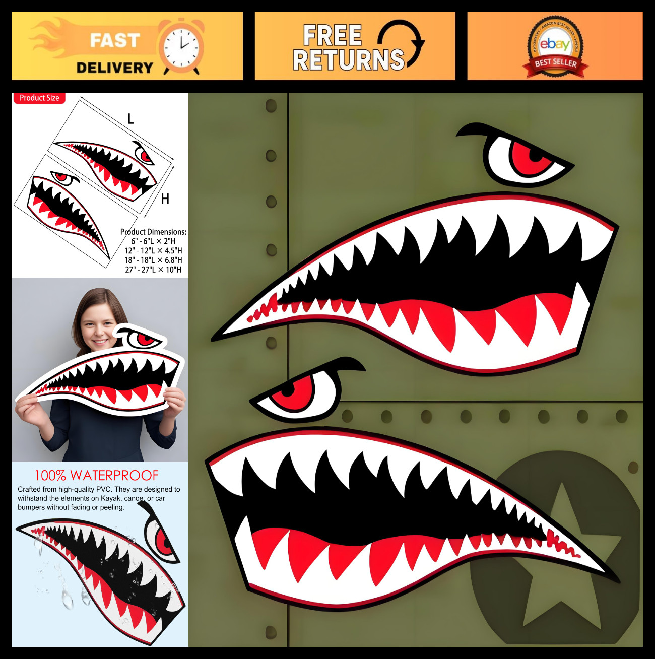 Waterproof Shark Teeth Decals for Kayaks & Boats – PVC Fishing Stickers, 18
