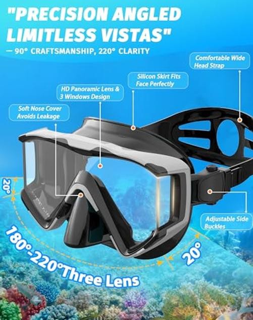 Snorkel Set Pano 3 Window Snorkel Mask Adult, Panoramic Wide Black Silver