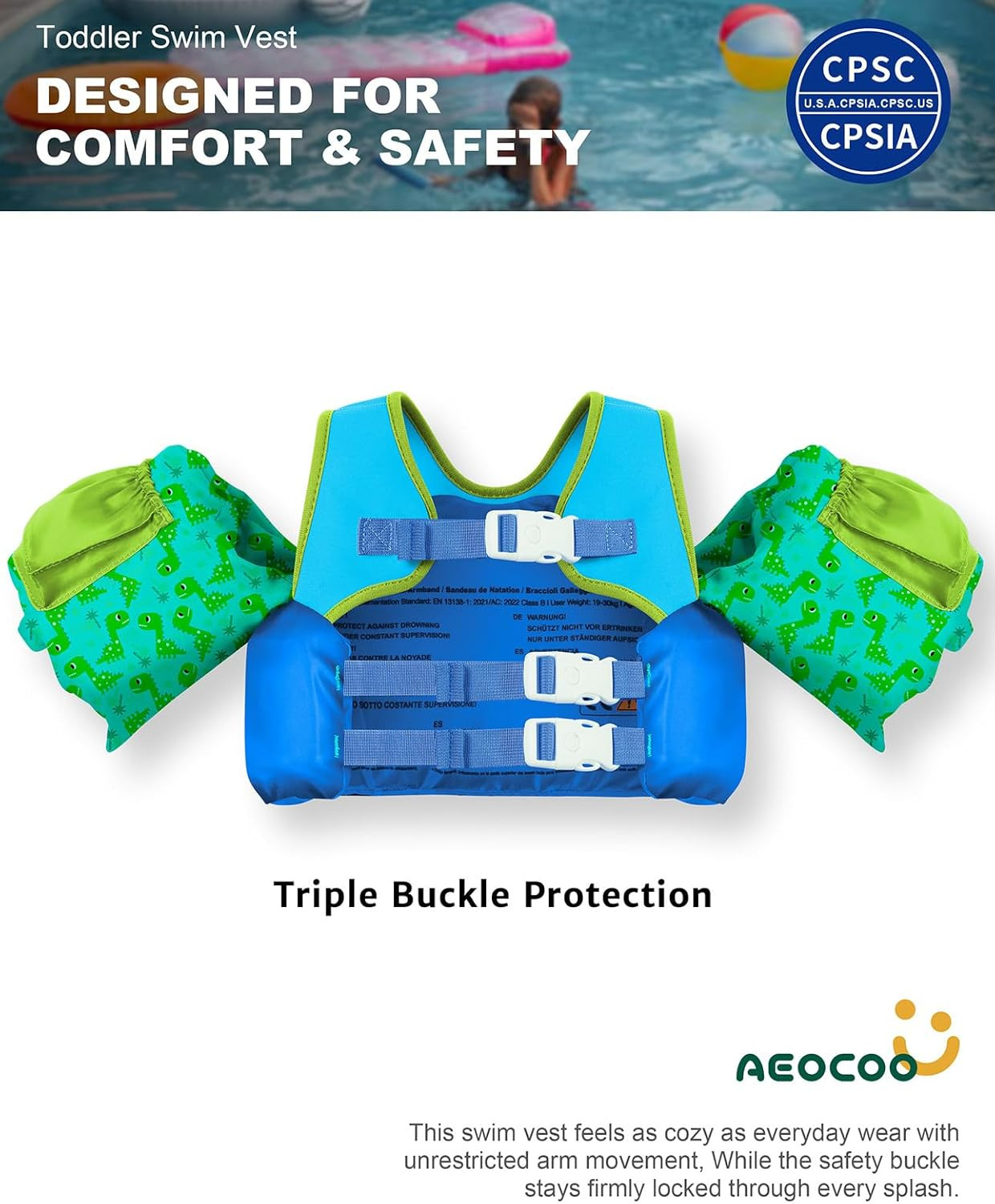 Puddle Float Jumper 20-30-50-60-70 Pounds, Toddler Swim Vest for 1-3-5-6-9 Years