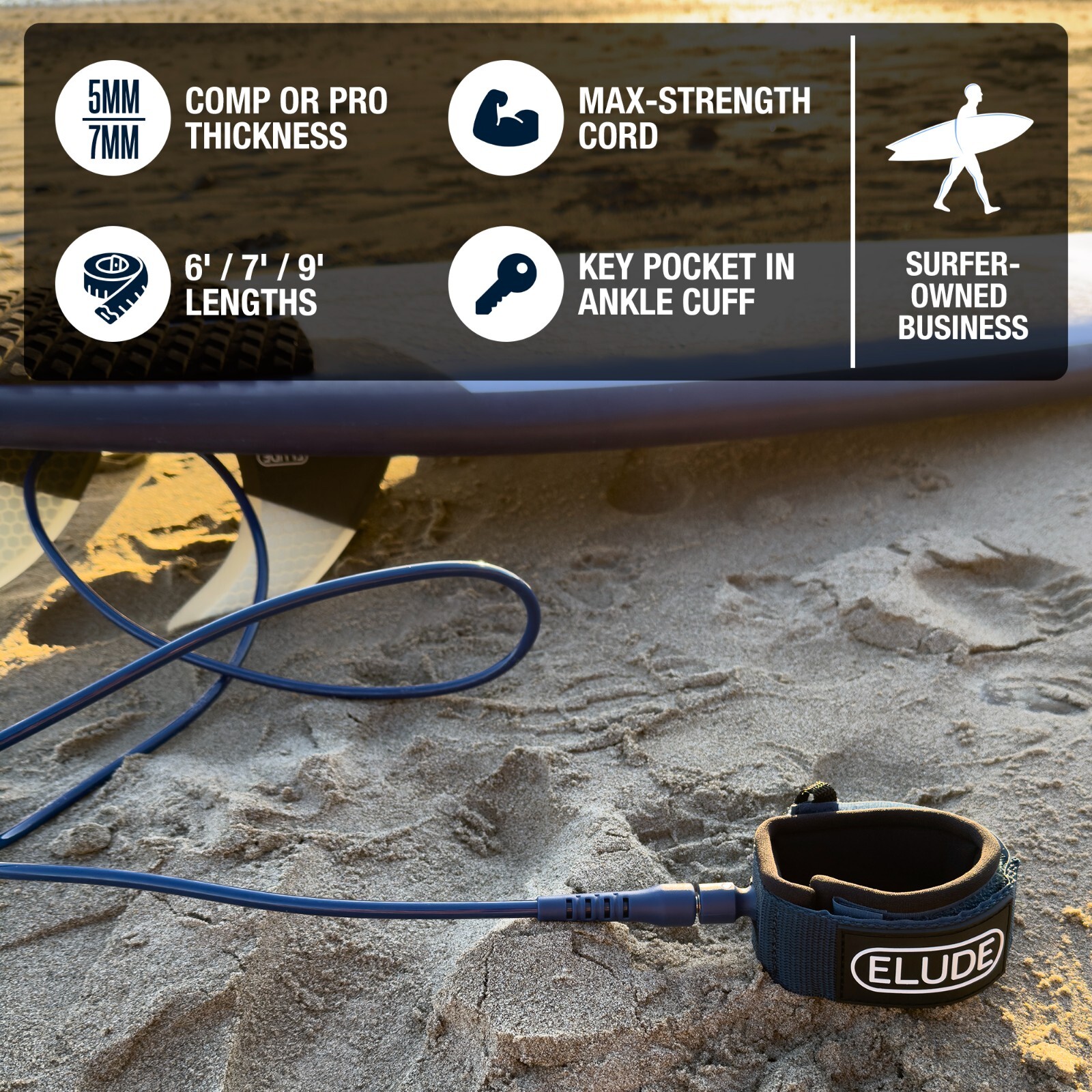 ELUDE Surfboard Leash 6ft (5mm Comp) Maximum Strength (White)