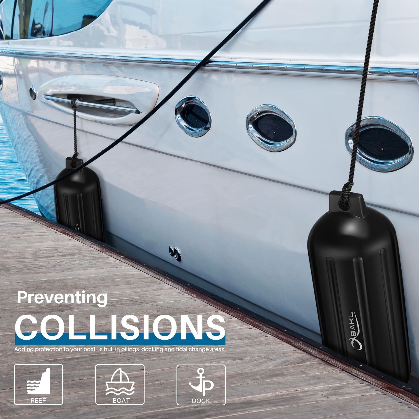 OBAKL Boat Fenders 4 Pack 8.5 x 27 Inches Ribbed Twin Eyes Obsidian Black