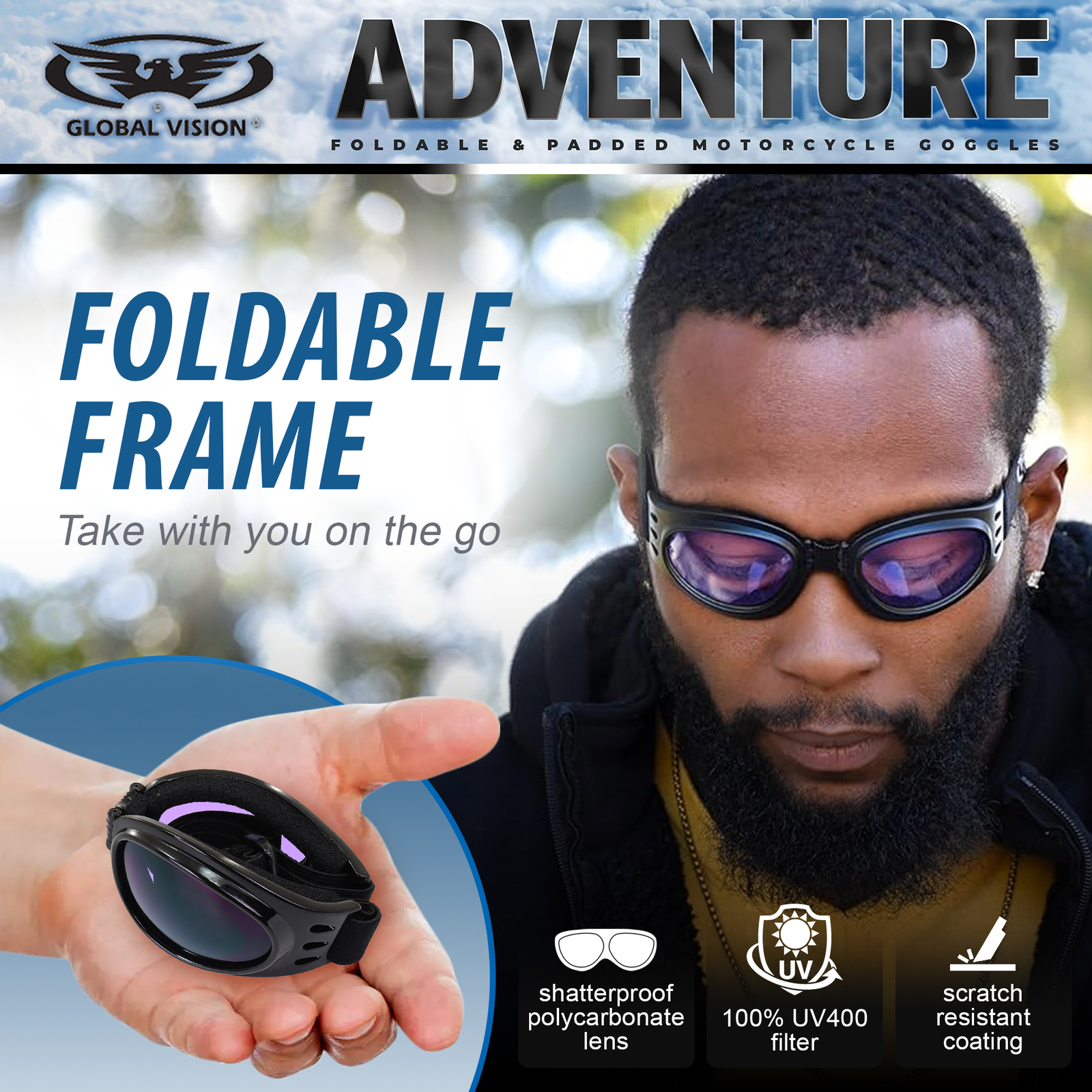 Adventure Foldable Goggles Black Frame Purple Tint Lenses