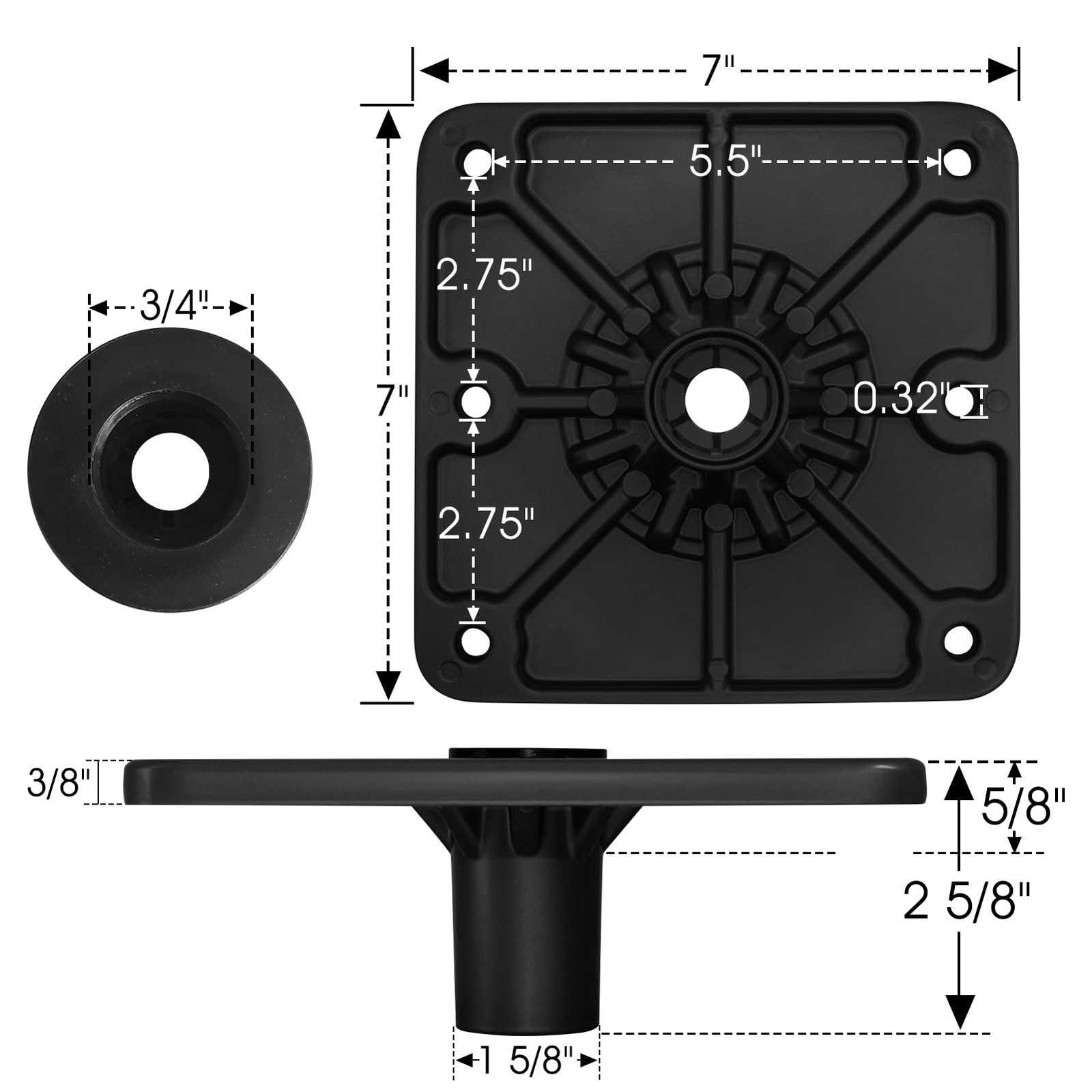 Boat Seat Base Mount Pedestal 1pack 7×7 Aluminum, Black