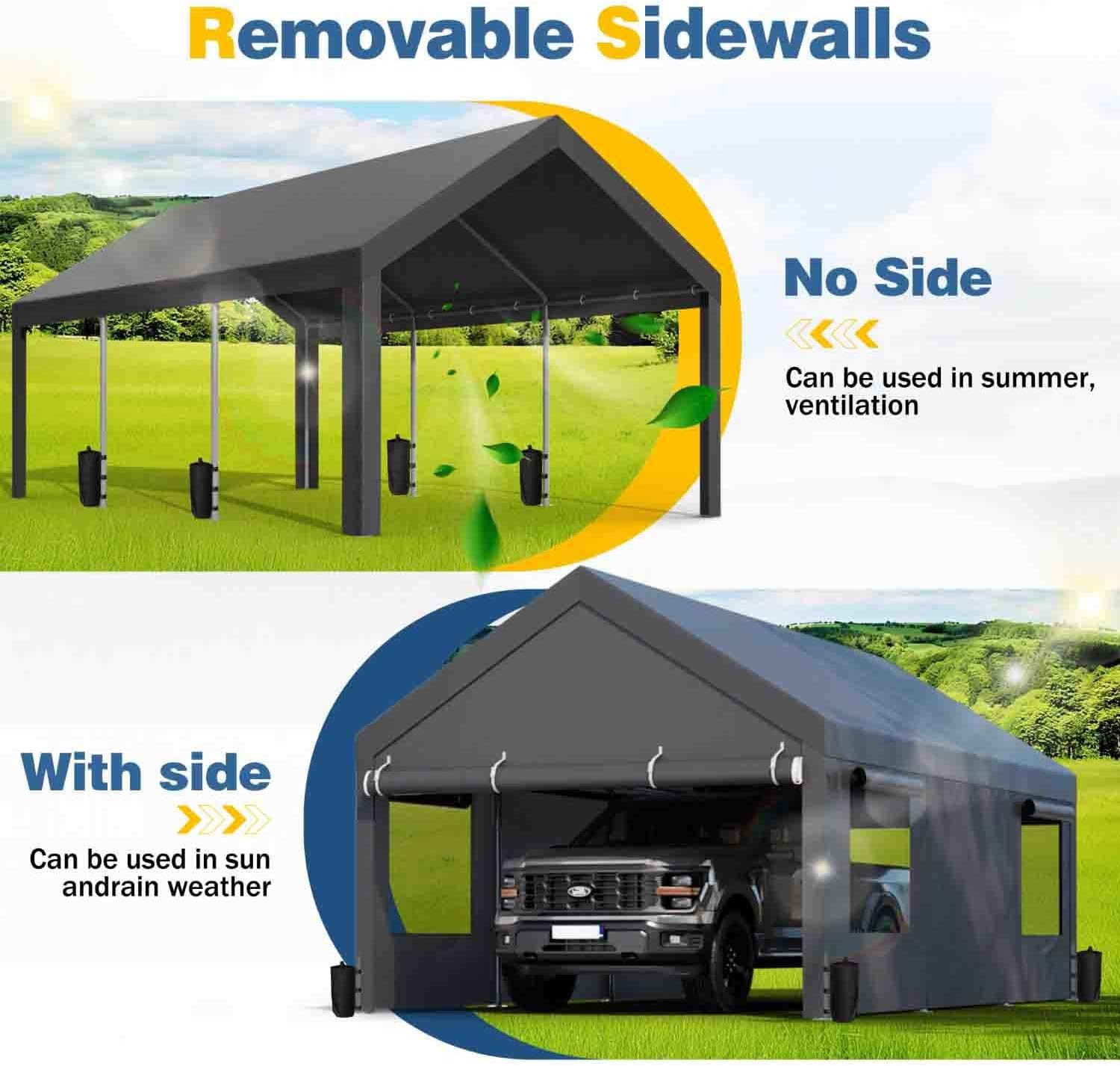 12x20ft Carport with Roll-up Windows, Removable Sidewalls, Doors All-Season Tarp
