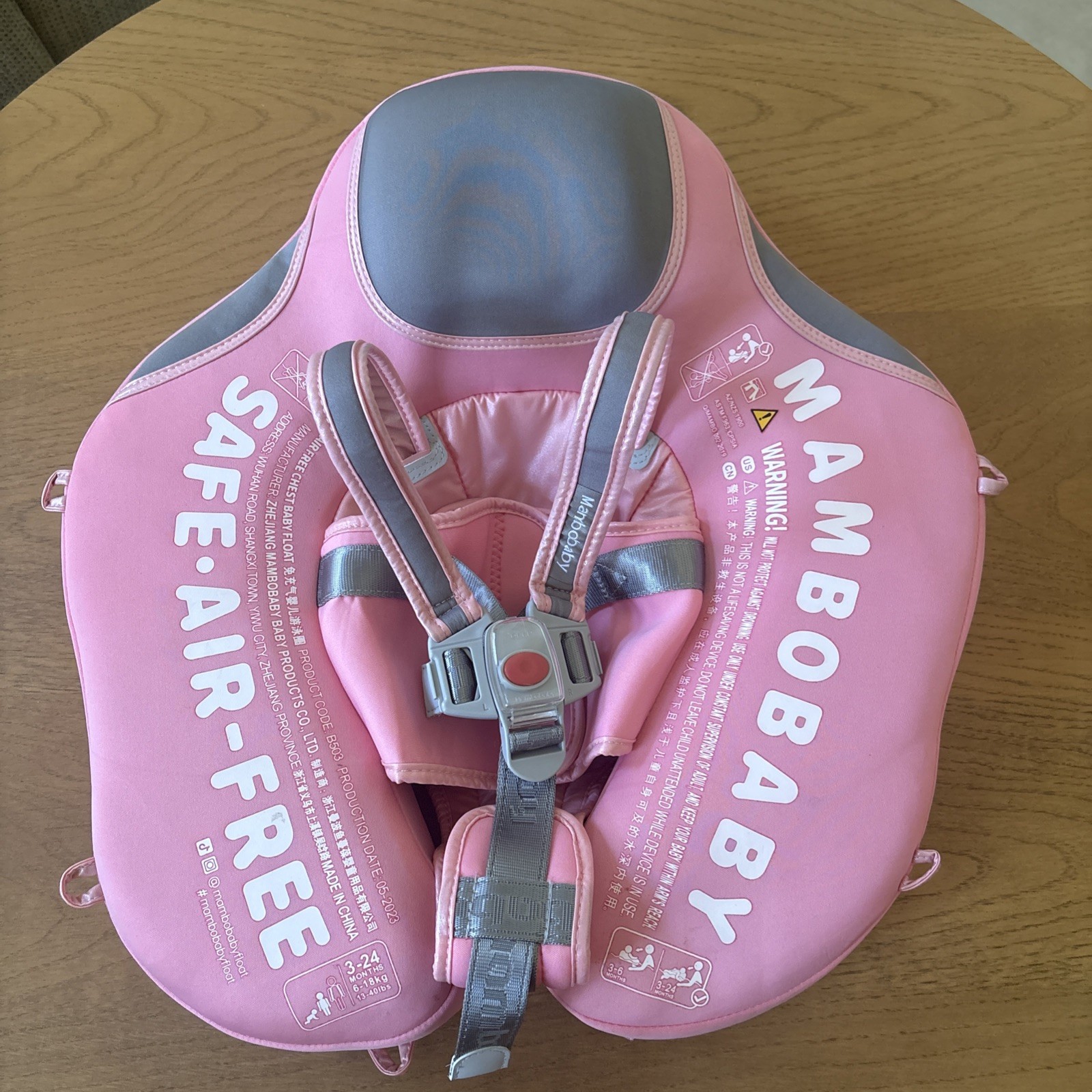 MAMBOBABY Air-Free Float Baby Swimming Ring, Pink w/ Safety Harness