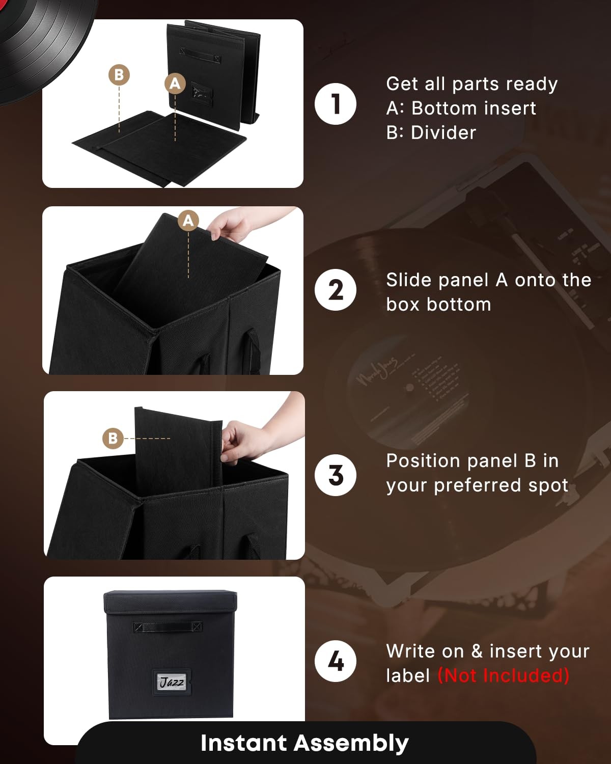 Uniclife Vinyl Record Storage Box, Collapsible LP 1 Pack, Black