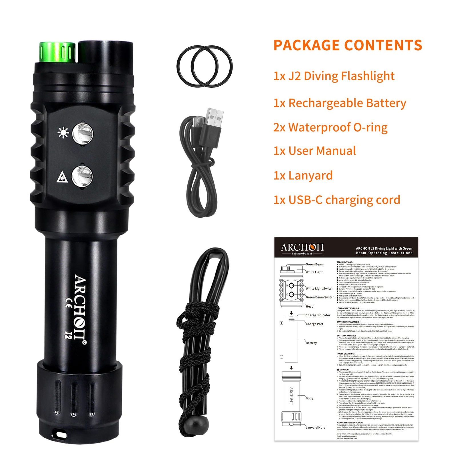 J2 Diving Flashlight, 2-in-1 Scuba Dive Light with 1200 Lumens White Spotligh…