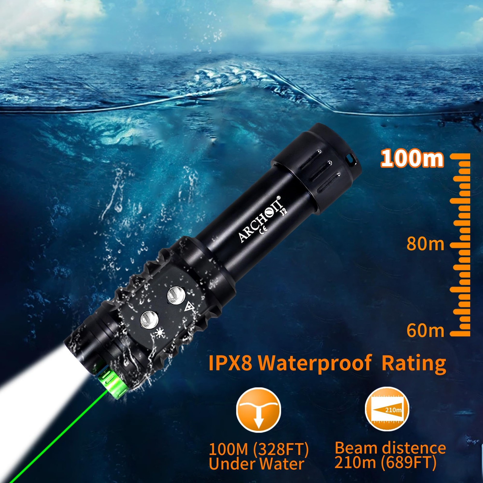 J2 Diving Flashlight, 2-in-1 Scuba Dive Light with 1200 Lumens White Spotligh…